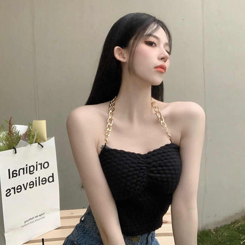 外穿掛脖吊帶設計感小眾鏈條抹胸內搭背心女夏帶胸墊性感裹胸上衣
