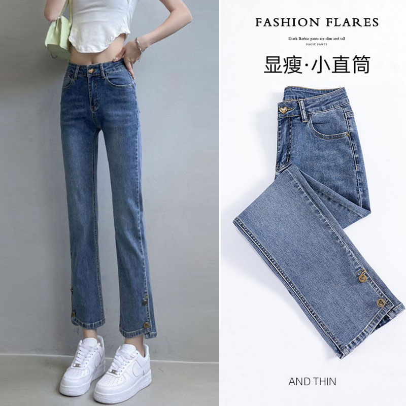 彈力牛仔褲女高腰小個子復古直筒褲九分新款設計紐扣開叉煙管褲子