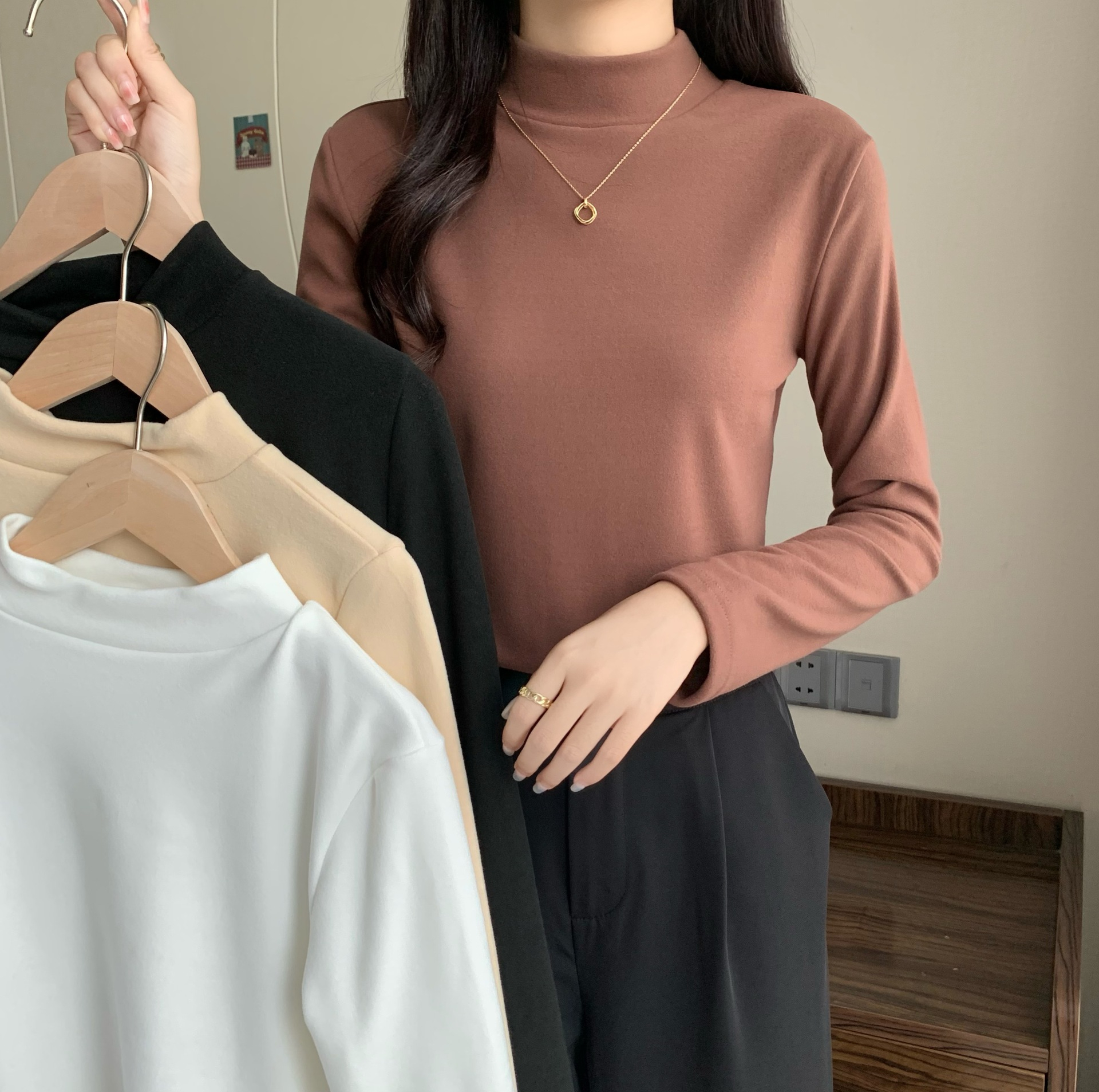 德絨打底衫女式半高領秋冬修身學生上衣內搭保暖少女長袖T恤