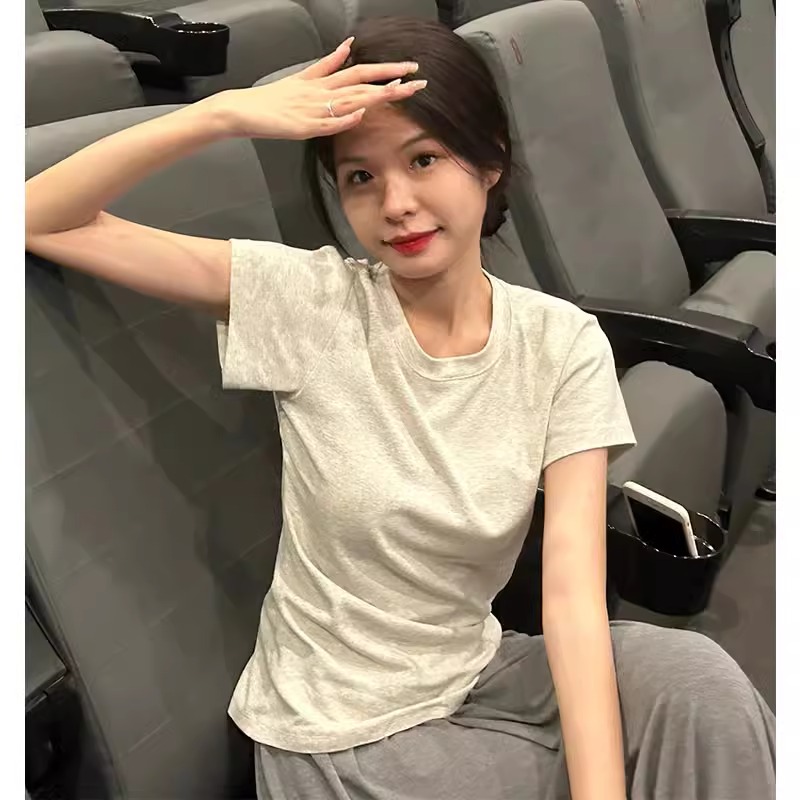 2024韓國ins簡約純棉短袖正肩顯瘦t恤女圓領純色基礎款打底衫上衣