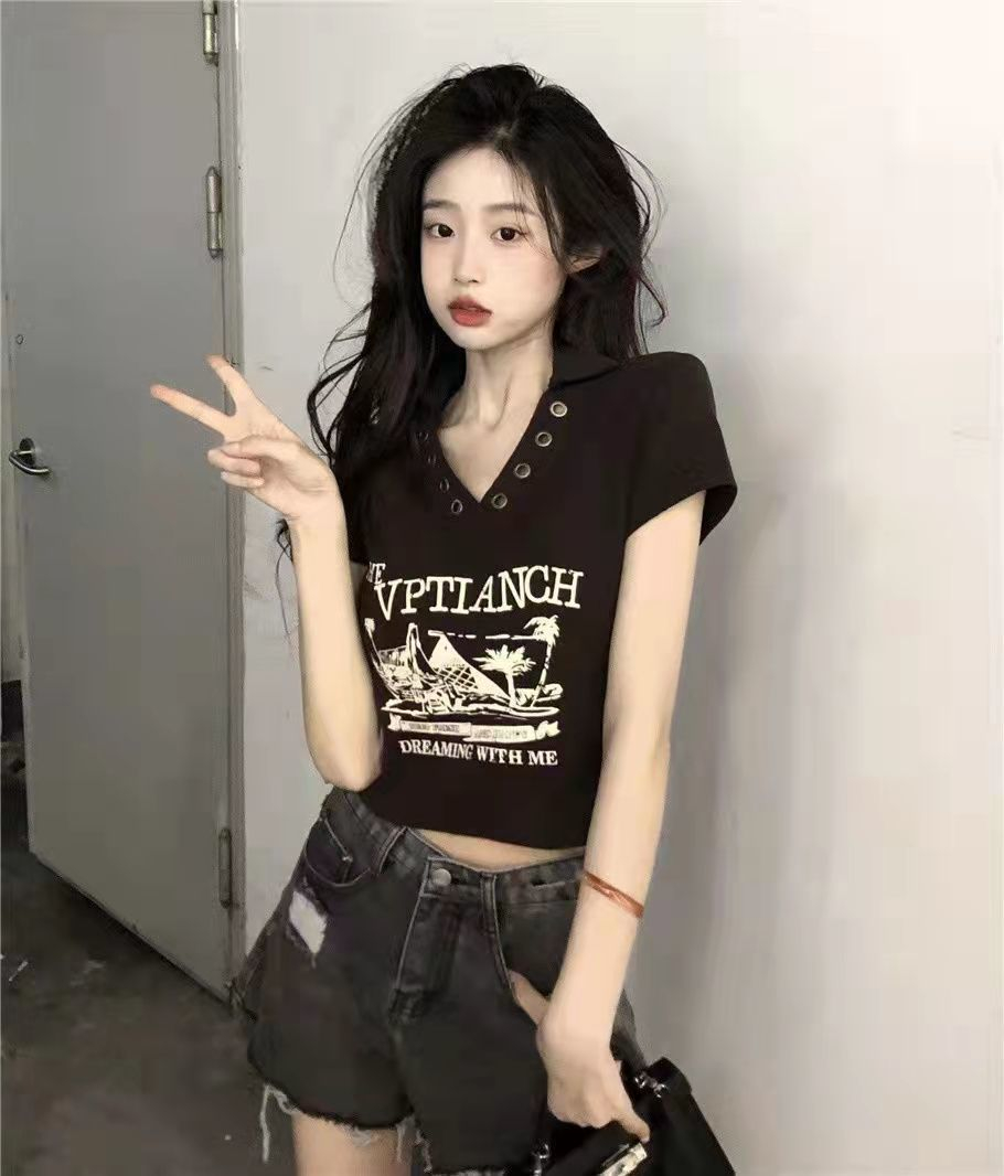 純棉 設計感小眾夏季新款黑色短袖T恤女修身顯瘦V領短款上衣潮