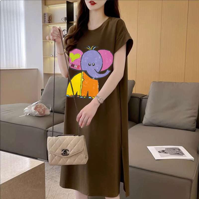 首發純棉質量長款過膝短袖T恤裙女夏季寬鬆大碼裙子