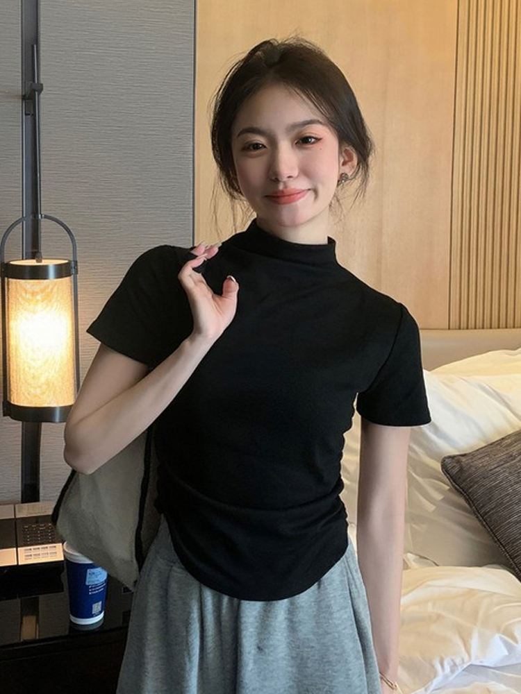 黑色半高領短款短袖T恤女夏修身小個子卡腰打底衫高腰不規則上衣
