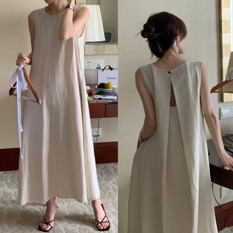 韓國露背百褶無袖背心連衣裙女夏古設計感小眾寬鬆顯白長裙