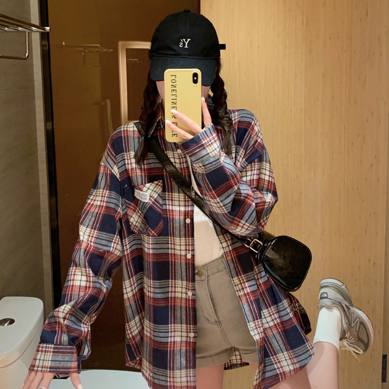 實拍 美式格子襯衫女春季復古設計感小眾寬鬆情侶外套防曬衫ins