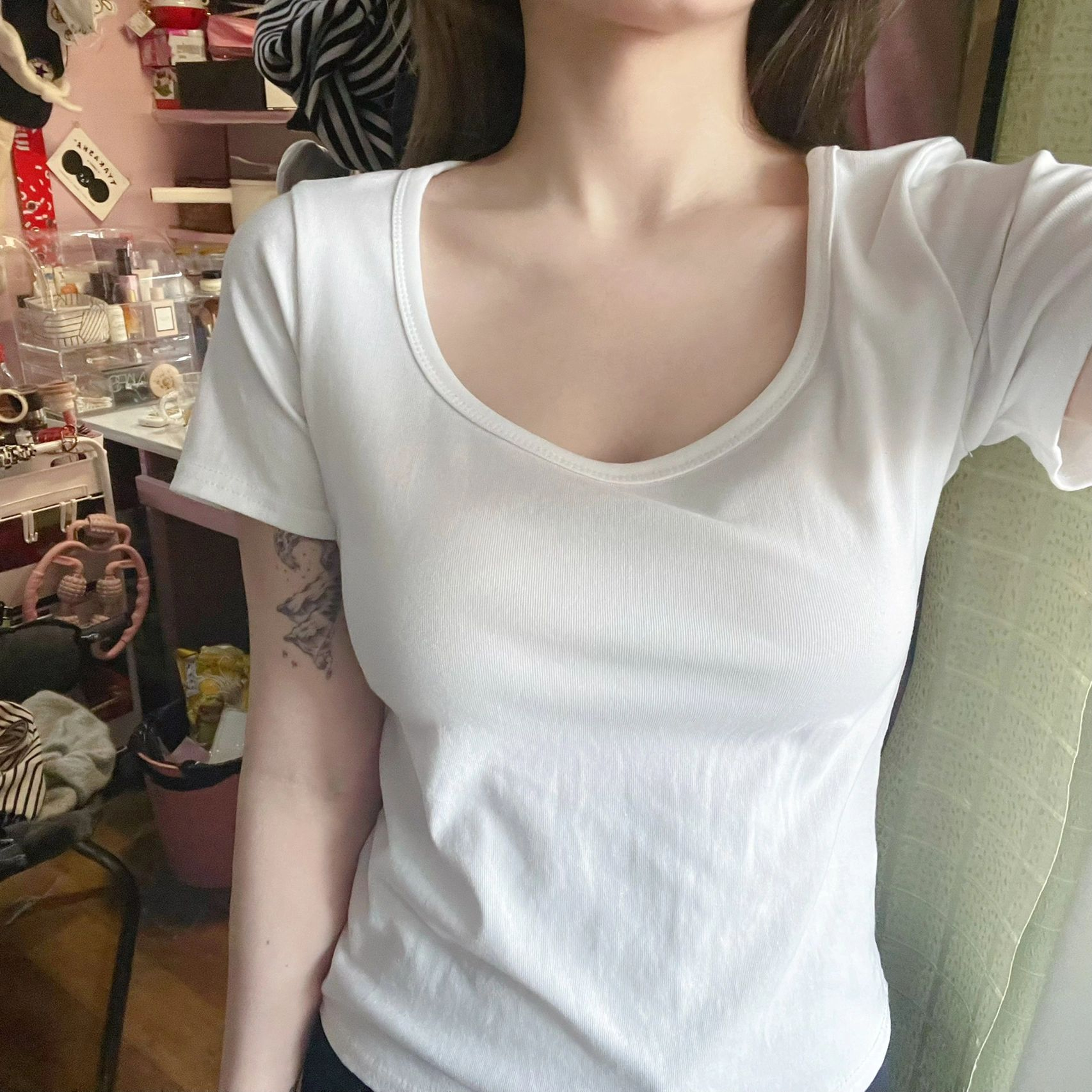 港風chic白色純棉正肩t恤女短袖夏設計感小眾大領口修身純色上衣