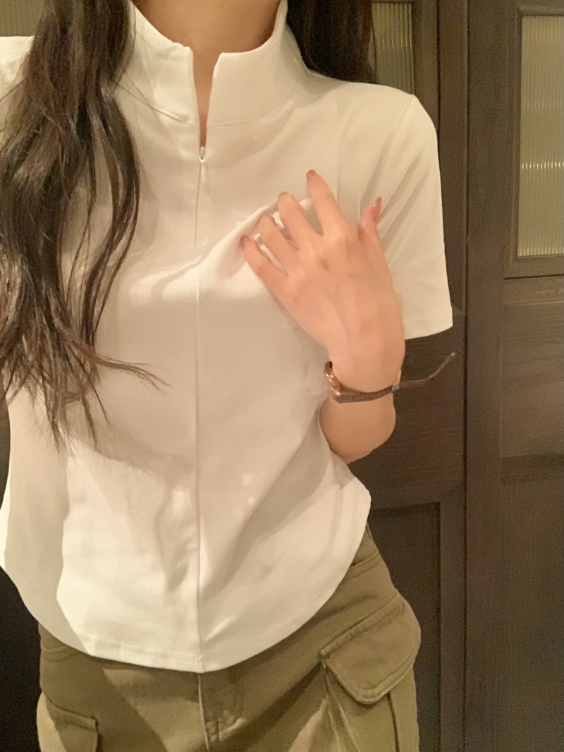 實拍  40支純棉 2024夏裝純色半拉鏈短袖t恤女不規則