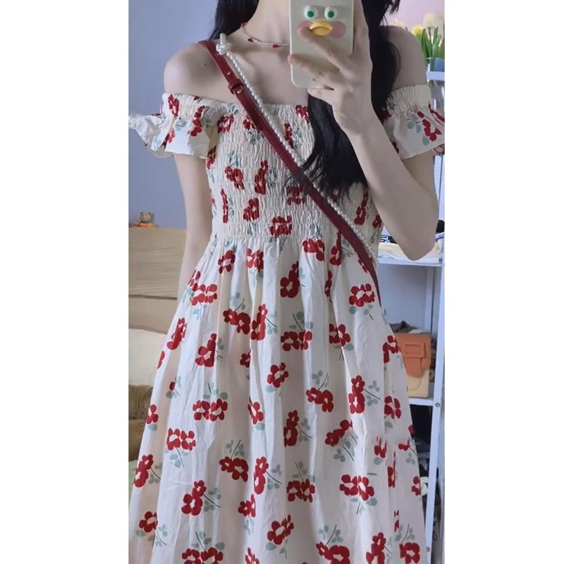 韓系法式小飛袖碎花吊帶連衣裙子女夏季小個子初戀少女感小眾長裙