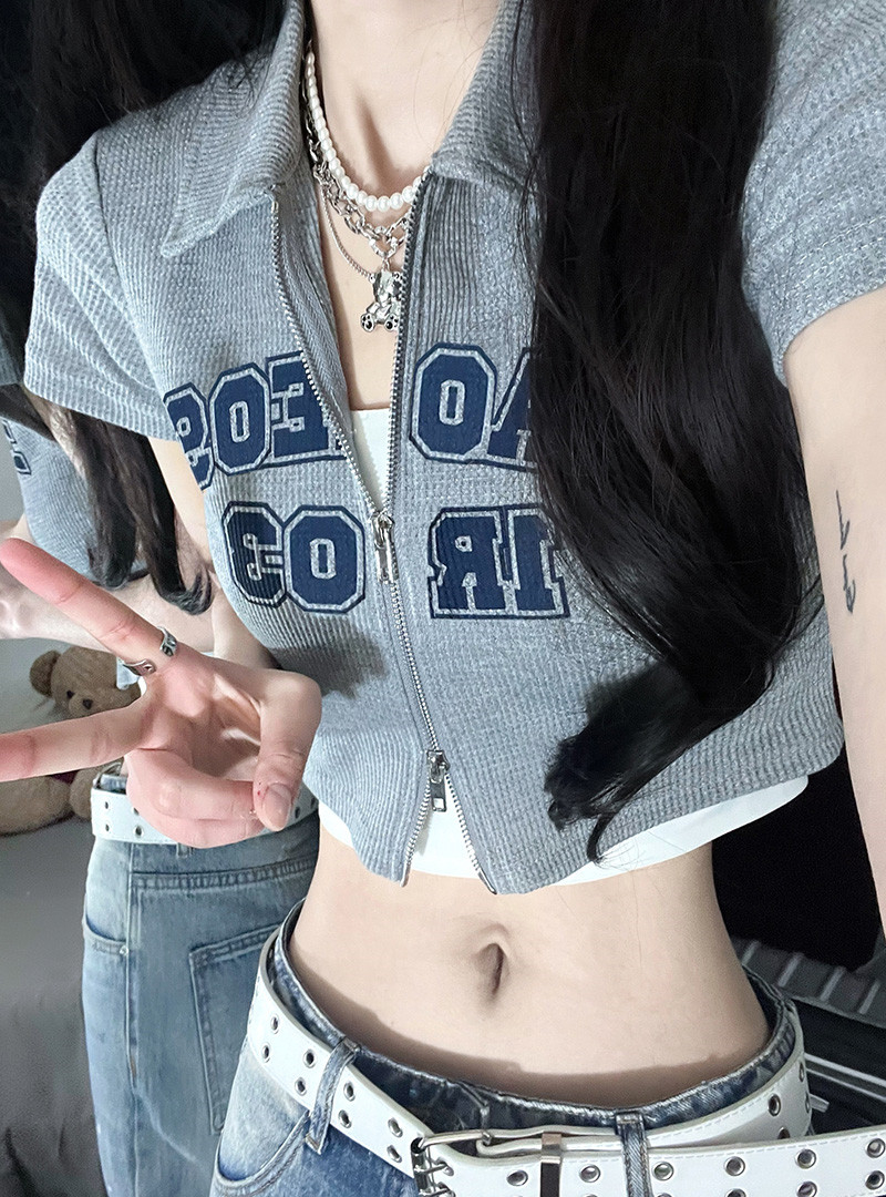新款華夫格拉鏈開衫polo領短袖t恤女