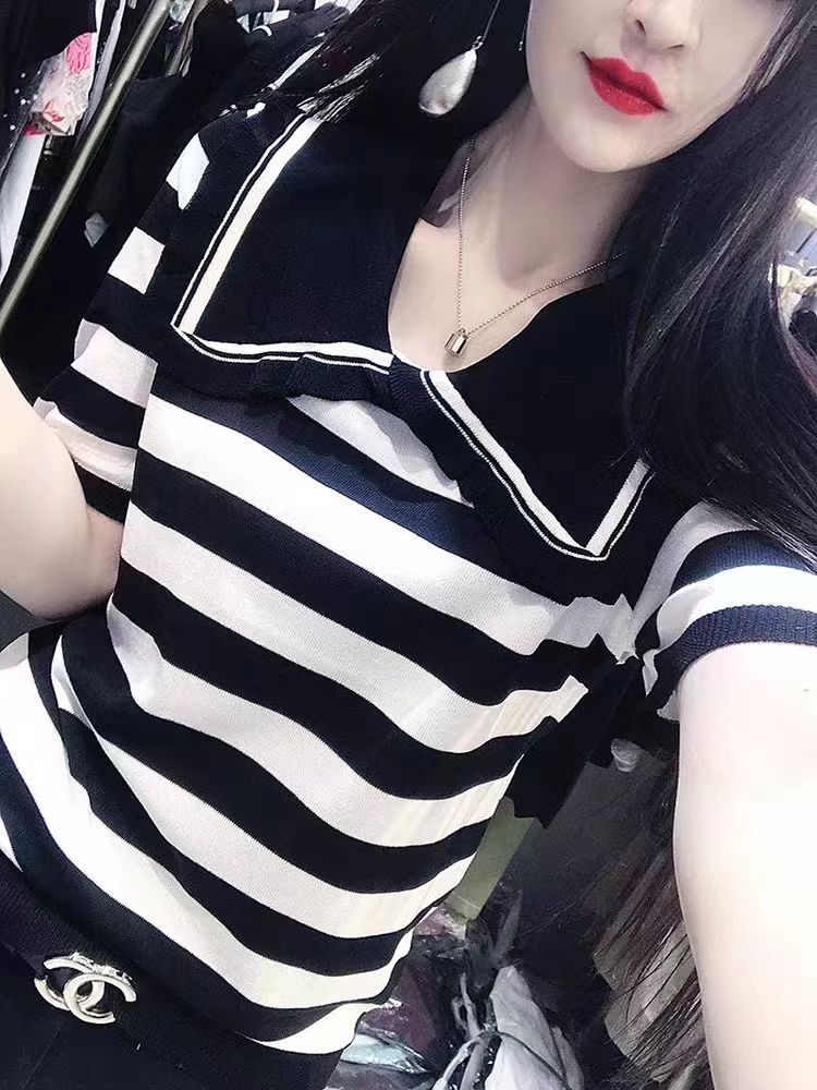 減齡時尚polo領針織衫黑白條紋t恤娃娃領上衣短袖女夏季新款