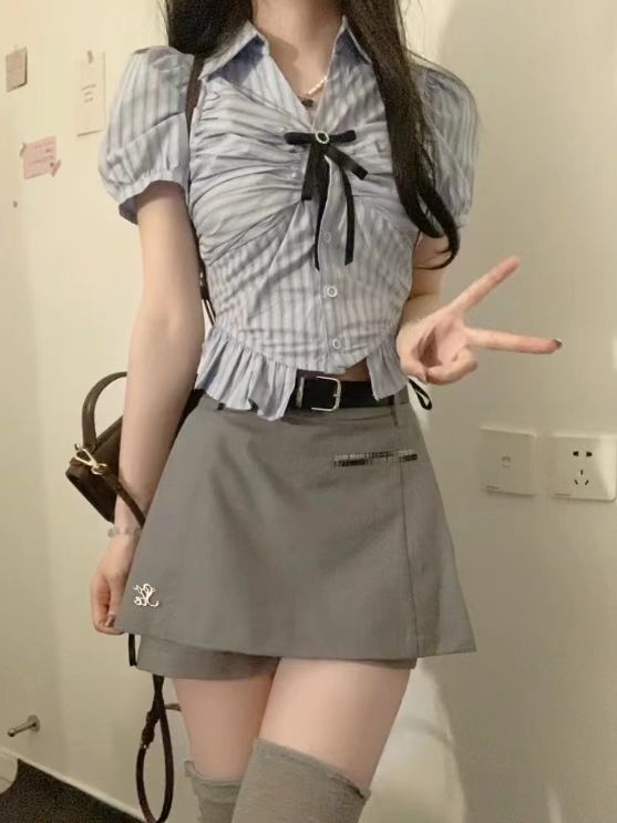辣妹條紋襯衫夏季新款褶皺設計感收腰泡泡袖襯衣女西褲短裙
