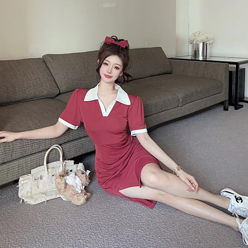 實拍大碼撞色polo連衣裙女夏季新款氣質少女收腰顯瘦開叉中裙子