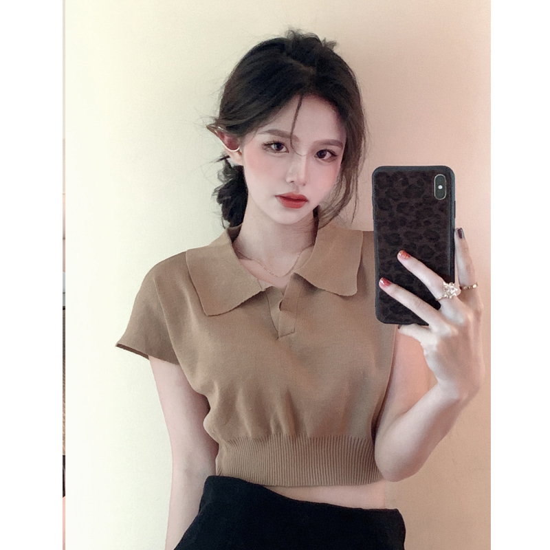 簡約修身短袖POLO衫短款針織衫翻領t恤上衣女新款夏季韓版潮