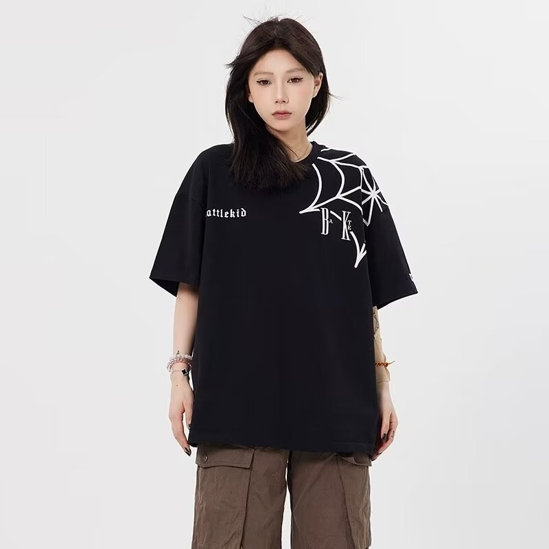 設計感小眾莫代爾寬鬆情侶款半袖上衣蜘蛛網印花百搭短袖T恤男女