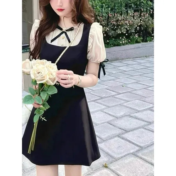 Little black dress 2024 new summer high-end Korean style temperament solid color slim fit ruffled dress for small women