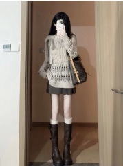 Lazy-style hollow-out knit sweater for women, thin design with a niche, halter-neck style top featuring a tie-around strap.