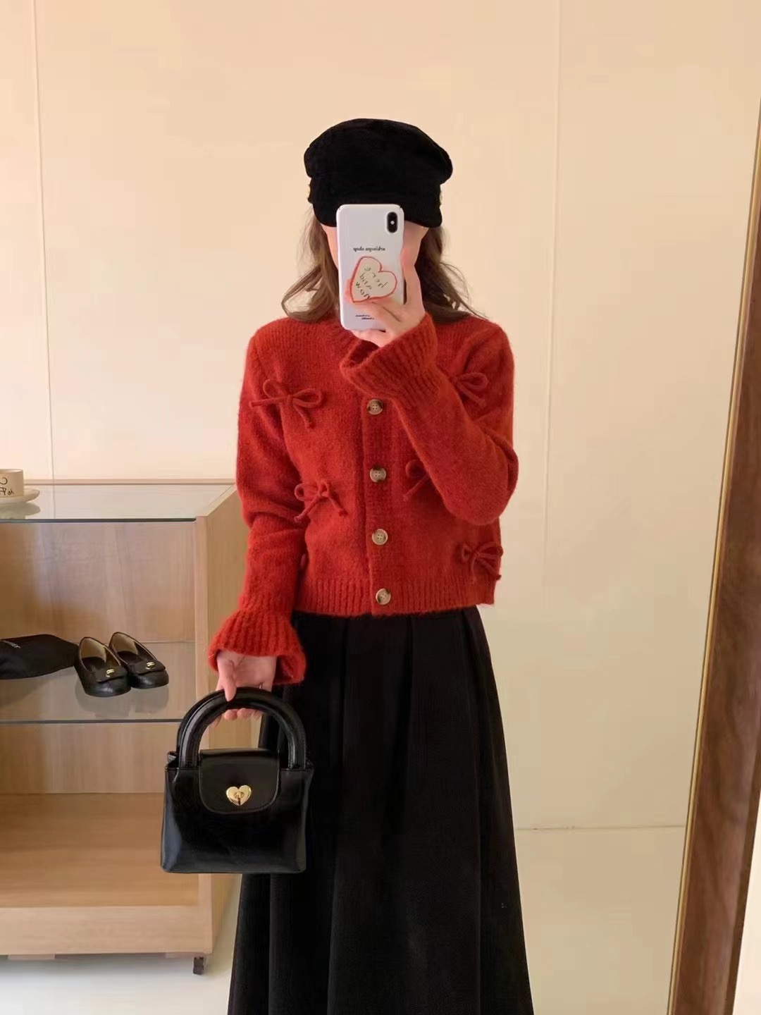 韓系紅色蝴蝶結毛衣外套女春秋小個子甜美減齡喇叭袖針織開衫上衣
