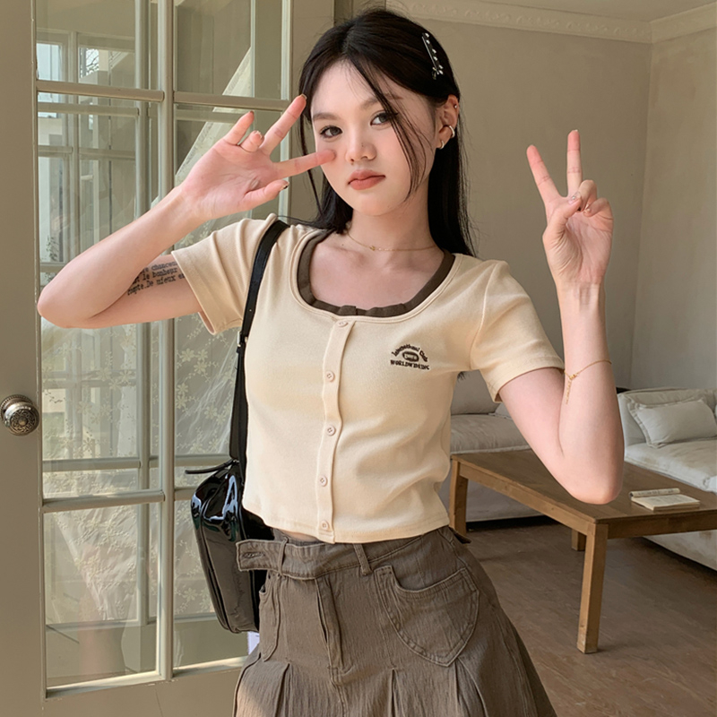 簡約主義美式復古高腰刺繡修身設計感辣妹方領百搭短款T恤上衣夏