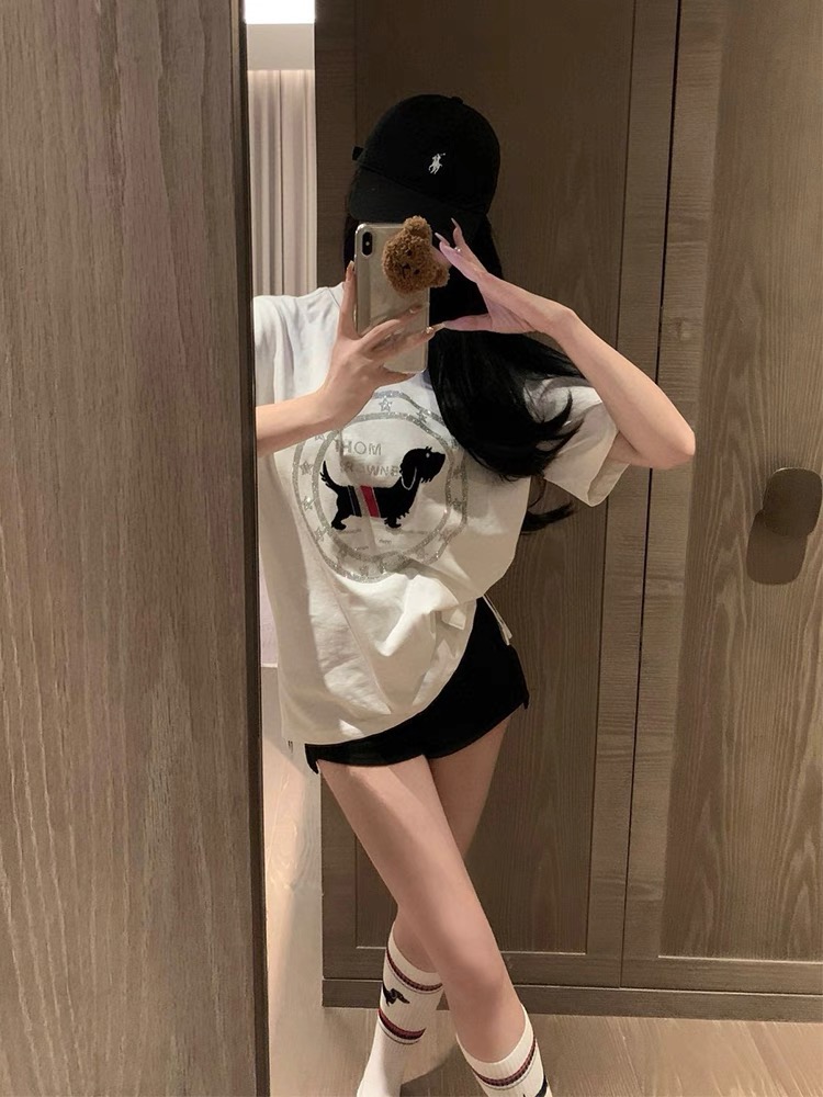 重工燙鑽圓盤小狗短袖T恤女配襪子時尚洋氣減齡百搭小眾上衣潮