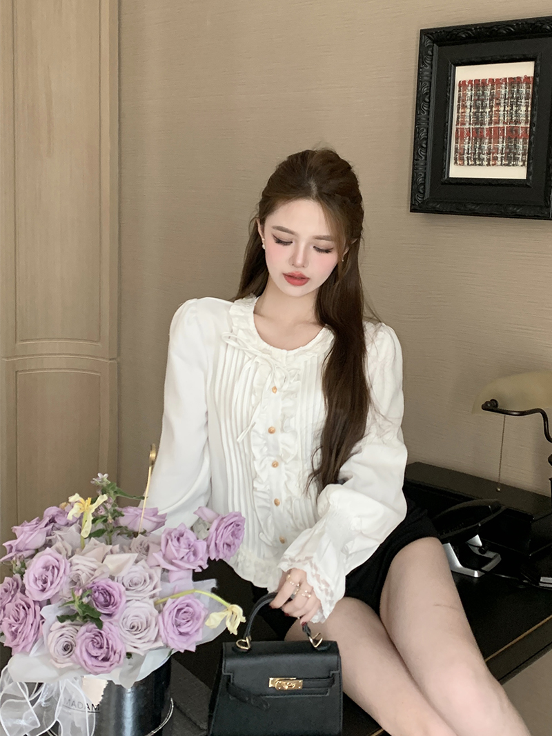 實拍 法式小香風木耳邊襯衫女春新款設計感小眾修身顯瘦長袖襯衣