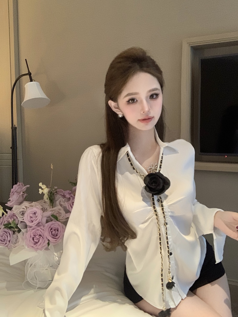 實拍 法式氣質高級感荷葉長袖白色襯衫內搭打底時尚洋氣上衣女