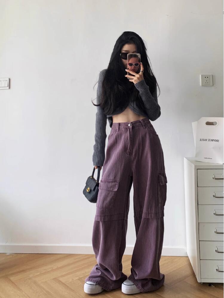 美式高街hiphop紫色牛仔工裝褲女夏季寬鬆顯瘦闊腿拖地休閒褲長褲