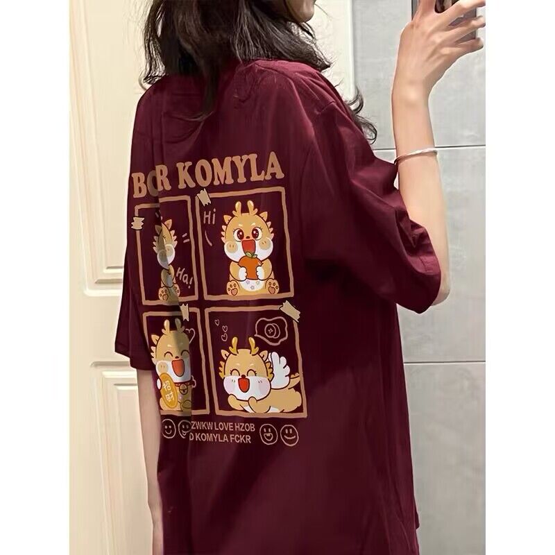 2024龍年新年款酒紅色短袖t恤女夏季寬鬆純棉設計感小眾情侶上衣