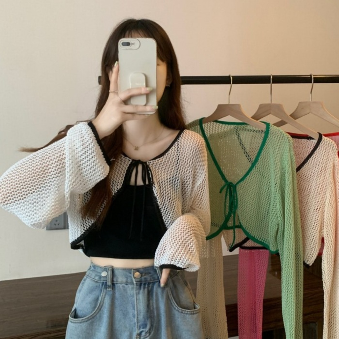 Thin women's shawl with knitted sun protection cardigan worn over suspenders, summer skirt, hollow design lace-up top
