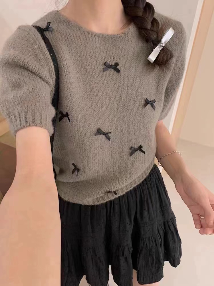 韓少女溫柔小蝴蝶結短袖圓領毛衣女春季甜美版型軟糯針織小衫上衣