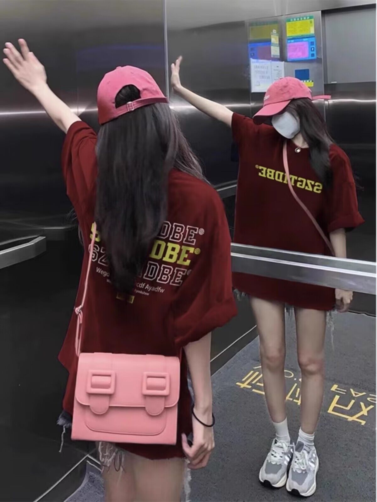 美式復古純棉重磅短袖T恤女2024龍年新年穿搭春夏酒紅色高街上衣