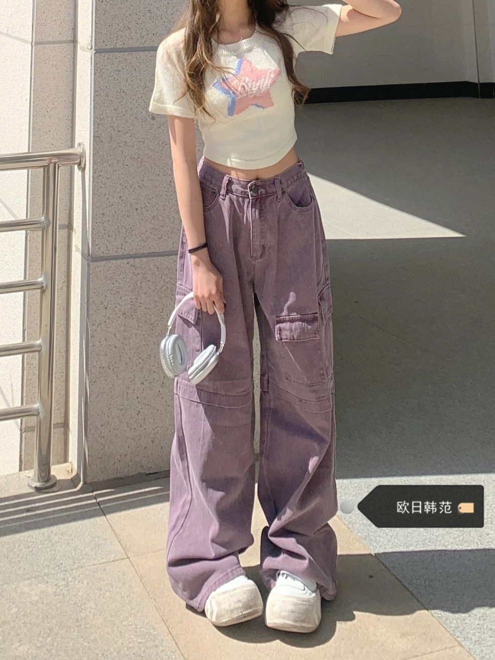 2024 Summer Korean Style American Retro High Waist Purple Jeans Slimming Splicing Floor-Mopping Fat MM Plus Size Women's Clothing