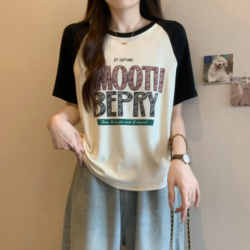 實拍40支純棉上衣2024夏裝印花不規則短款插肩袖短袖t恤女
