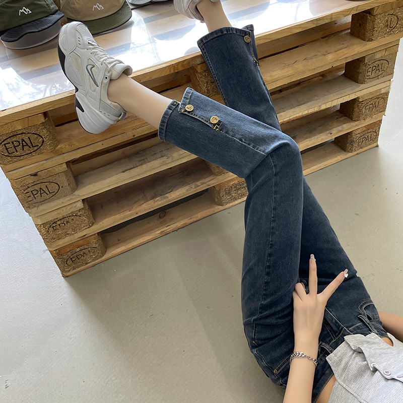 開叉直筒牛仔褲女春季新款高腰顯瘦小個子九分窄版煙管法棍褲子潮
