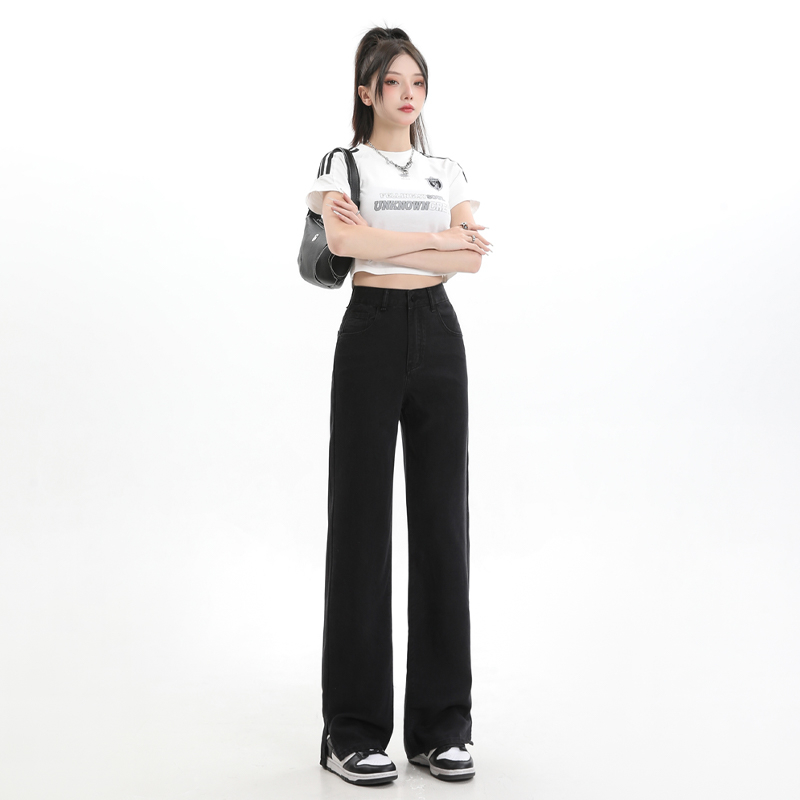 實拍2024春夏天絲面料窄版開叉直筒闊腿褲女