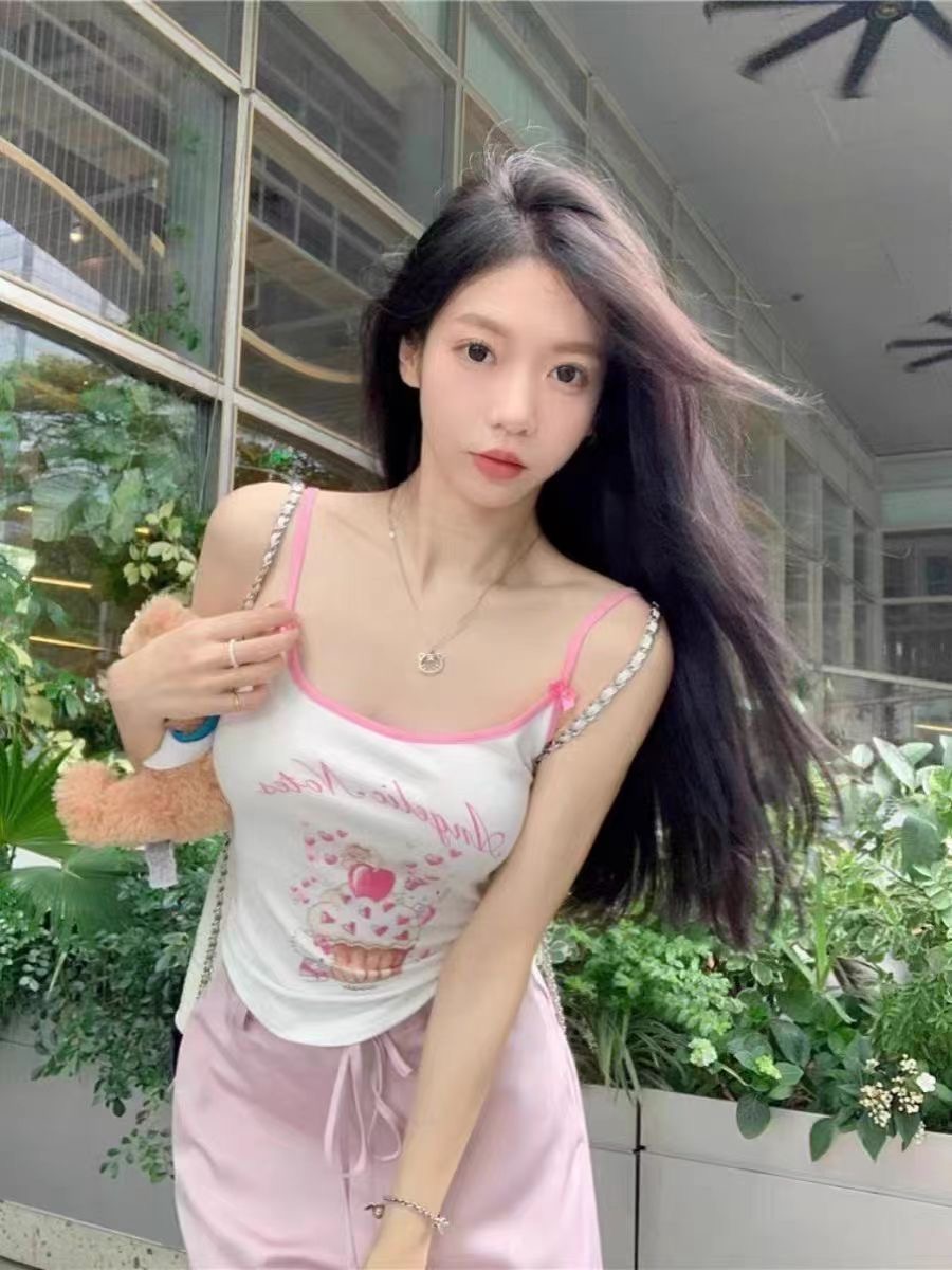 白色純欲印花吊帶小背心辣妹韓版上衣