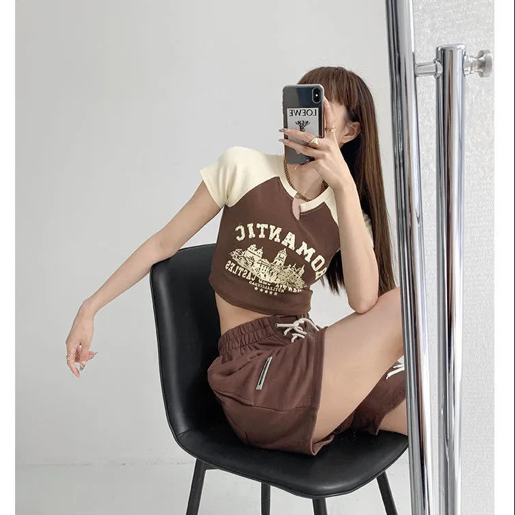 羅紋 復古印花撞色短袖女新款顯瘦露臍辣妹上衣