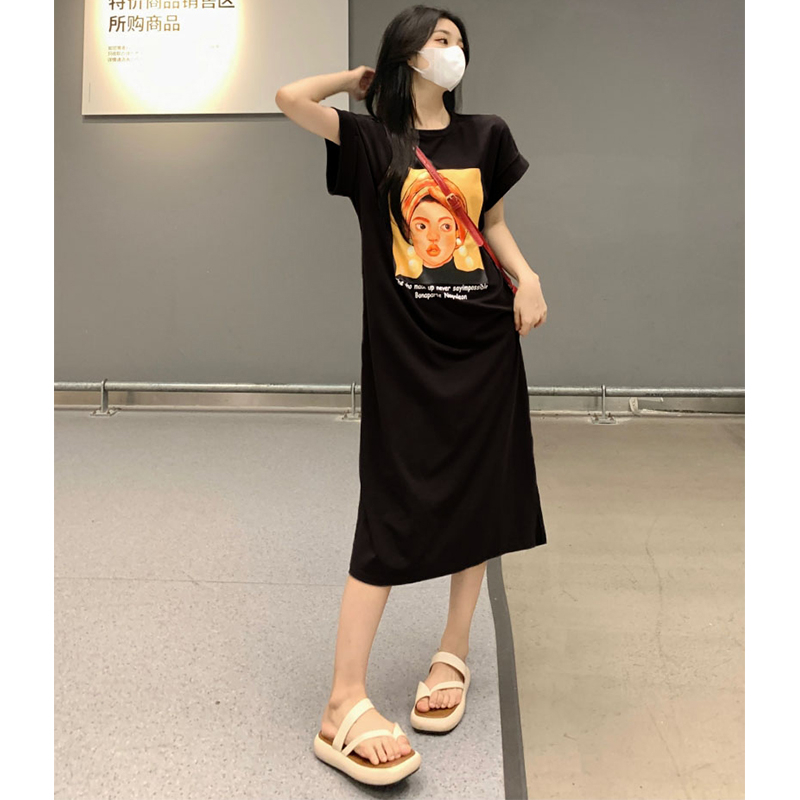 首發純棉質量長款過膝短袖T恤裙女夏季寬鬆大碼裙子