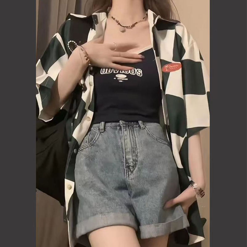 日系甜美減齡襯衫女小個子學生短袖寬鬆襯衣設計感外穿格子上衣