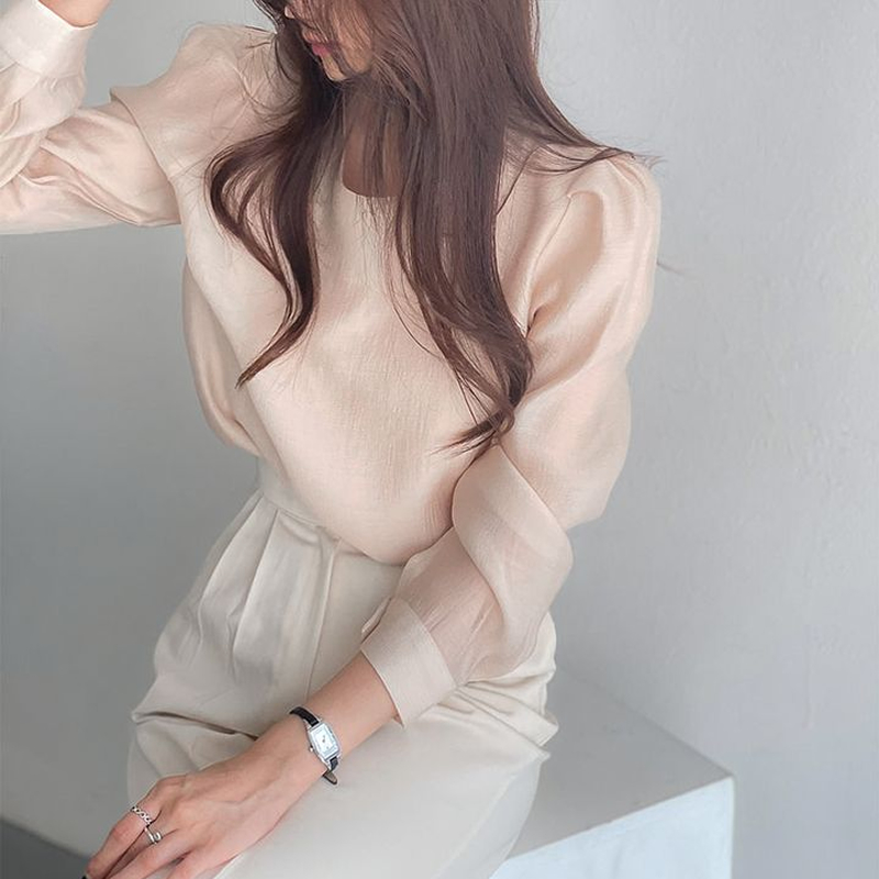 韓國chic 簡約時尚圓領百搭純色泡泡袖襯衫女打底內搭上衣