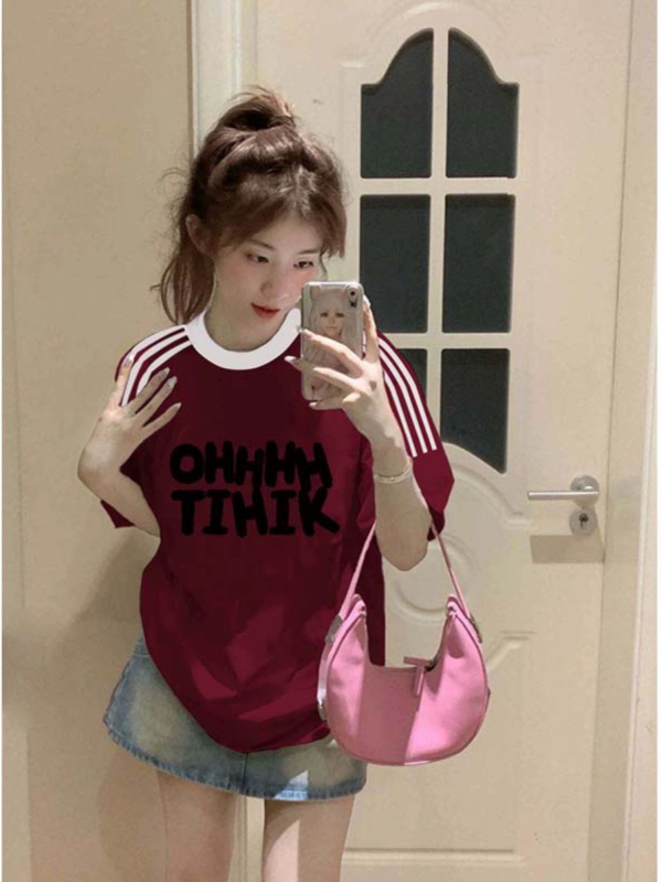 酒紅色復古寬鬆短袖T恤女夏季2024新款撞色三條槓內搭純棉上衣潮