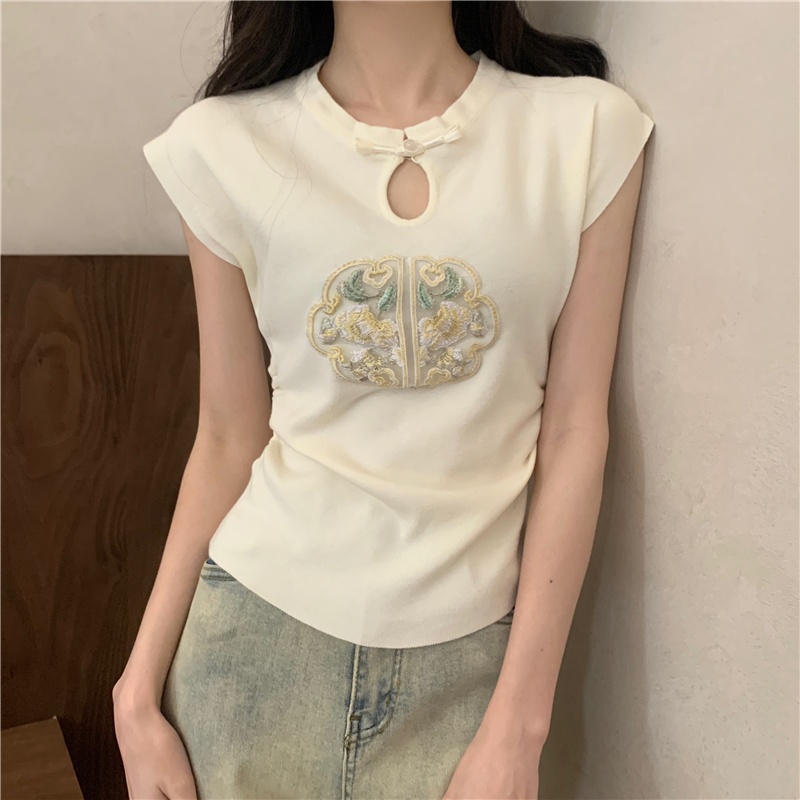 實拍 夏季新中式刺繡國風盤扣別致小衫上衣短袖針織衫女