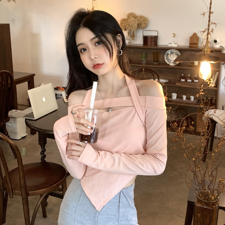 女士針織衫長袖套頭修身顯瘦粉色春秋小香風法式不規則掛脖上衣
