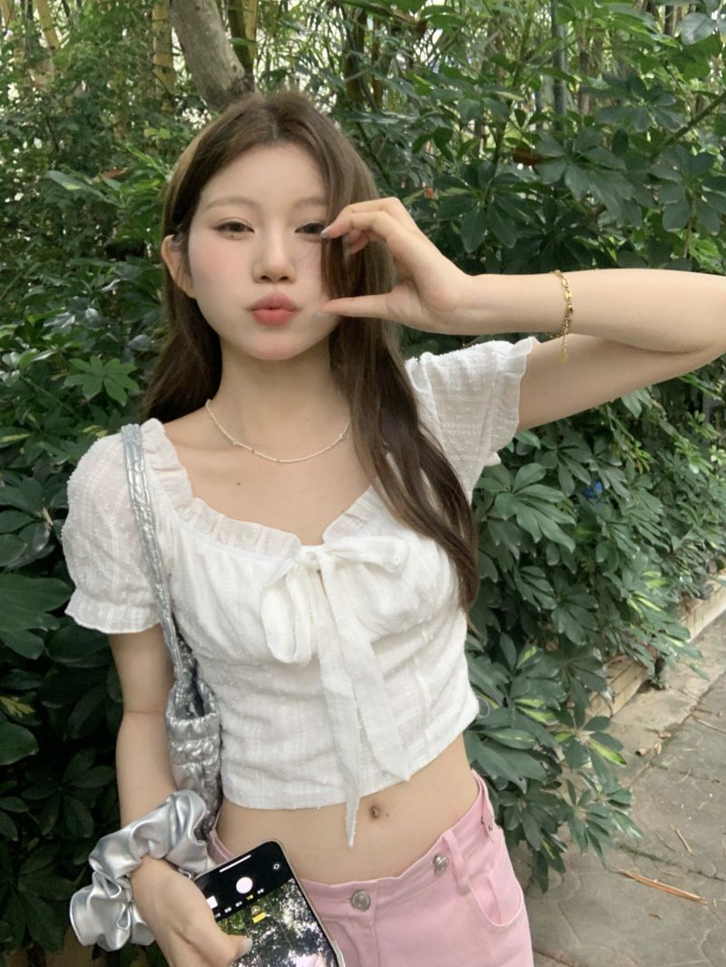 實拍三標齊小個子純色學院風泡泡袖綁帶襯衣女