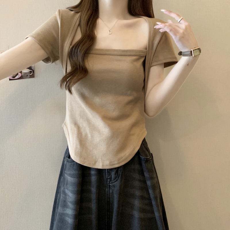 實拍  40支純棉 2024夏裝設計感小眾純色短袖T恤女ins潮