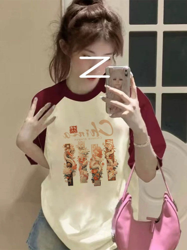 純棉夏季新款拼接撞色插肩短袖t恤女寬鬆別致時尚半袖上衣服