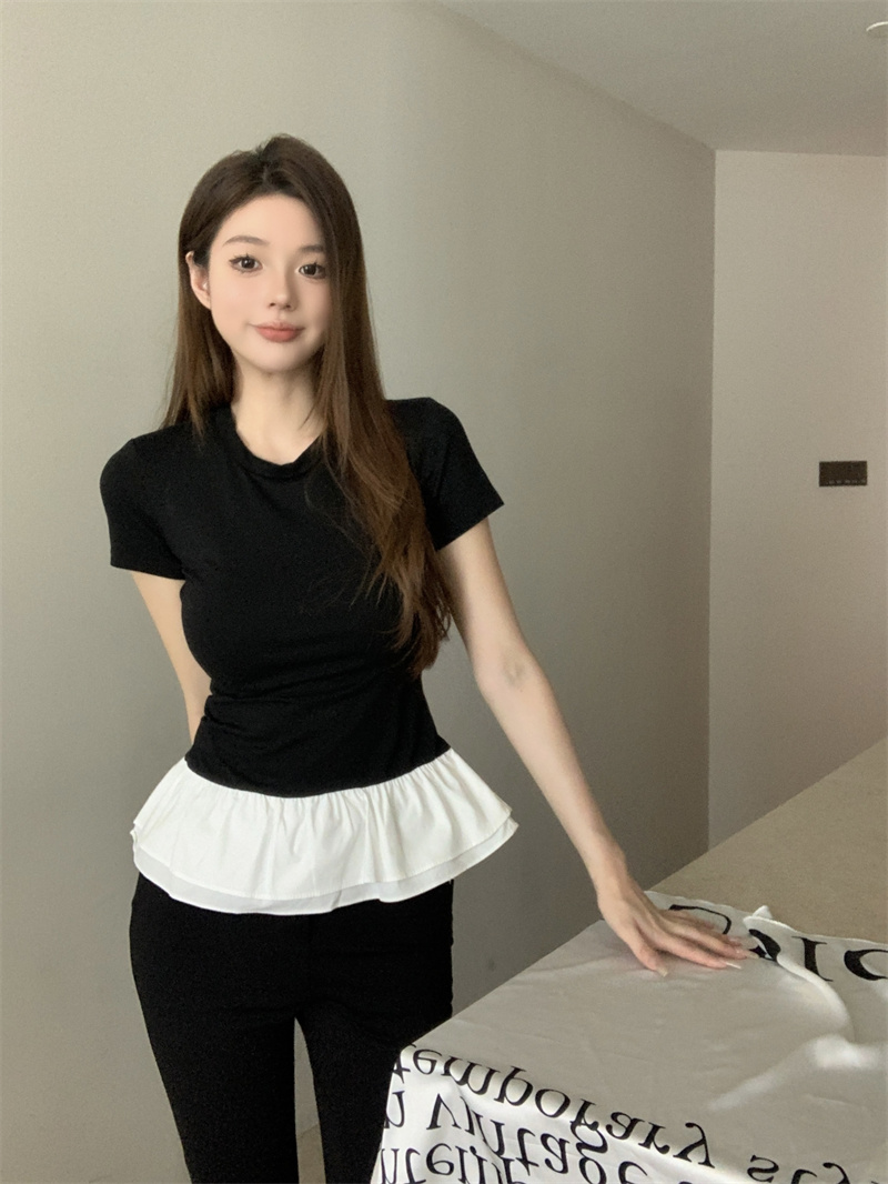 實拍 芭蕾甜豆小眾蓬蓬花邊拼接假兩件短袖T恤女圓領修身上衣