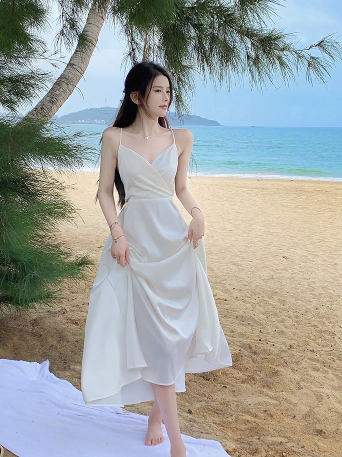 婚禮新娘女吊帶晨袍白色長裙登記領證小白裙蝴蝶結連衣裙小個子