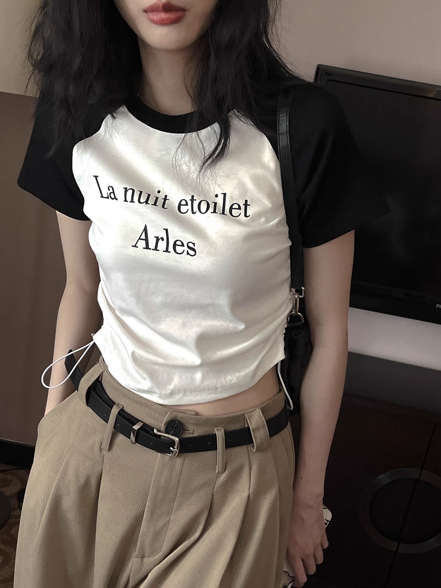 韓系美式復古撞色修身純棉打底短袖T恤女夏辣妹設計感抽繩上衣