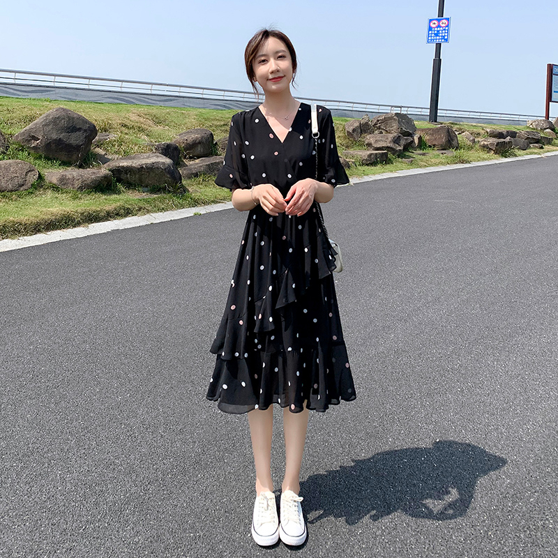 原版做工小個子波點雪紡連衣裙女夏2024新款氣質顯瘦v領a字裙子