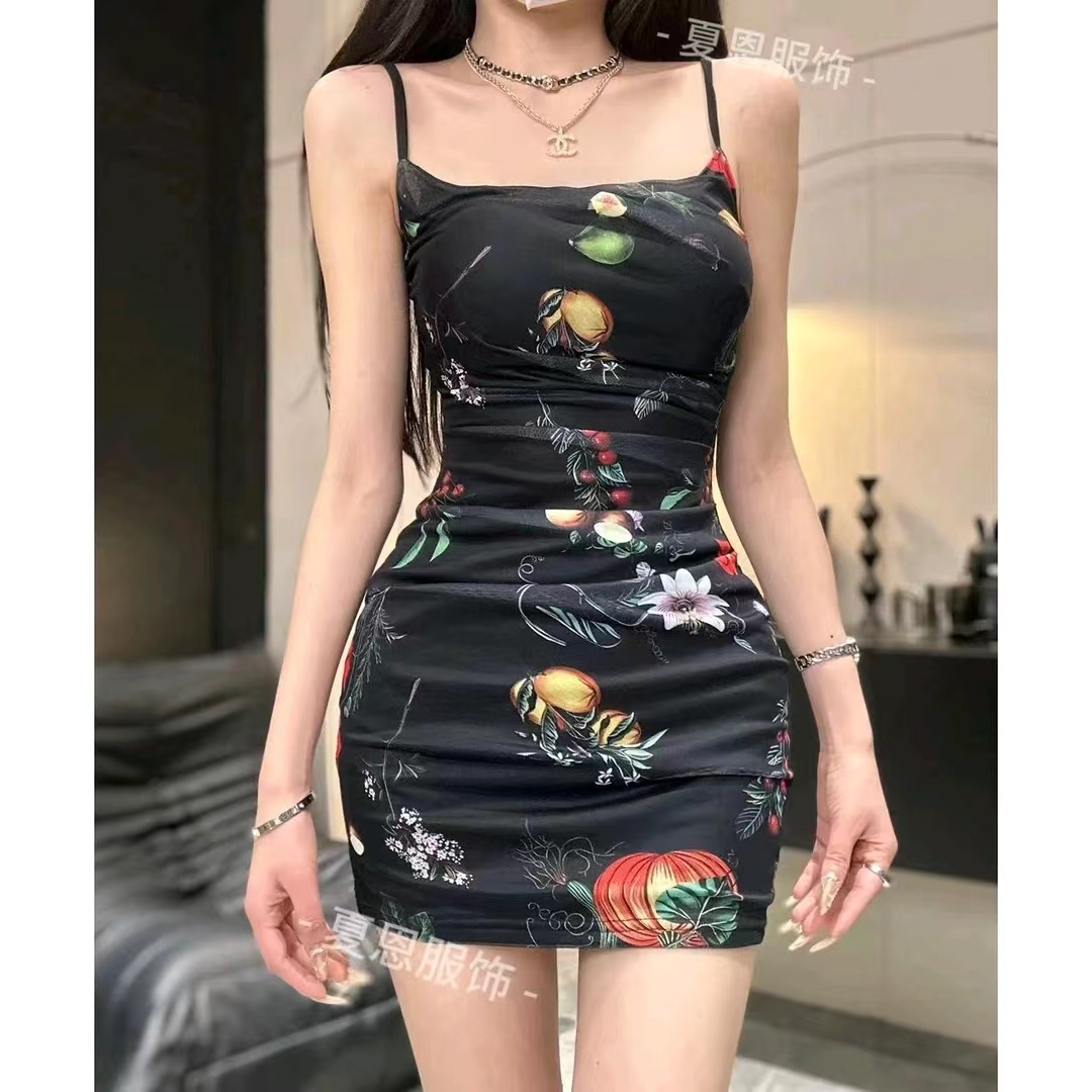 琪琪推薦碎花吊帶連衣裙美式復古收腰顯瘦A字包臀裙66425